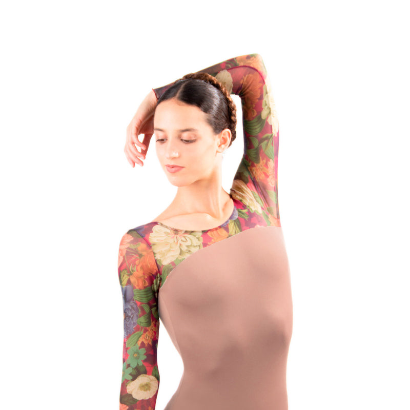 VALENTINA Mesh Long Sleeve Low Back Leotard