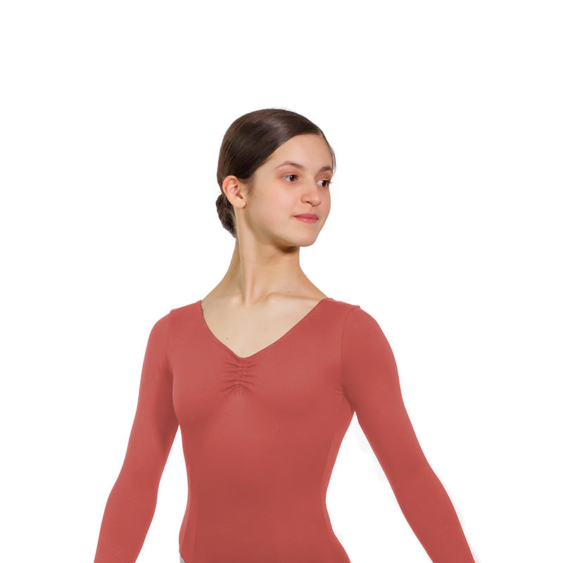 JAE Adjustable Ruche Double Princess Seam Long Sleeve Leotard