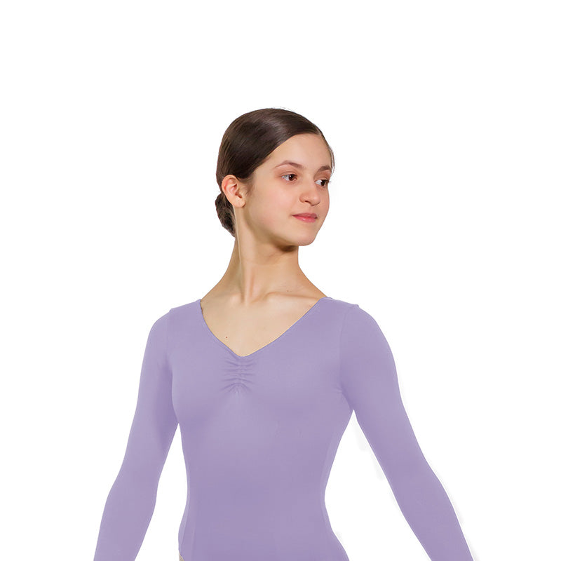 JAE Adjustable Ruche Double Princess Seam Long Sleeve Leotard