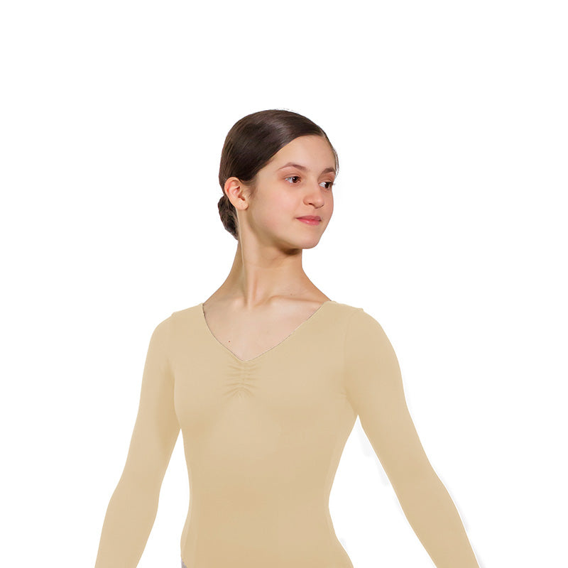 JAE Adjustable Ruche Double Princess Seam Long Sleeve Leotard