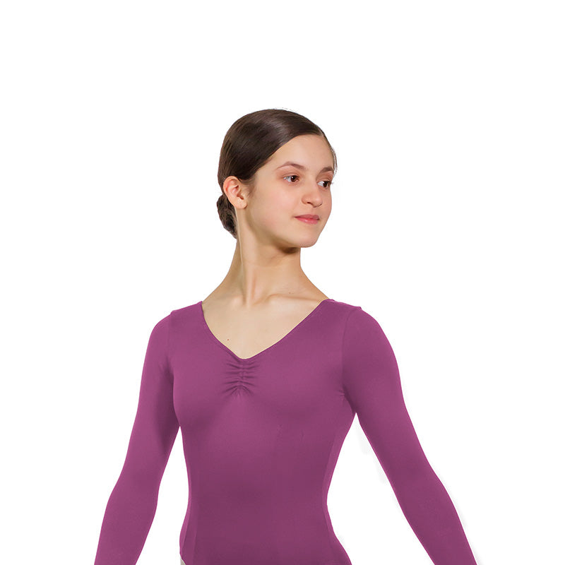 JAE Adjustable Ruche Double Princess Seam Long Sleeve Leotard