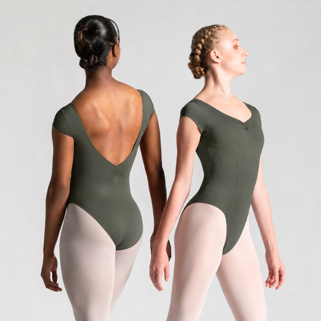ITZEL Cap Sleeve Pinch Front & Back Princess Seam Leotard