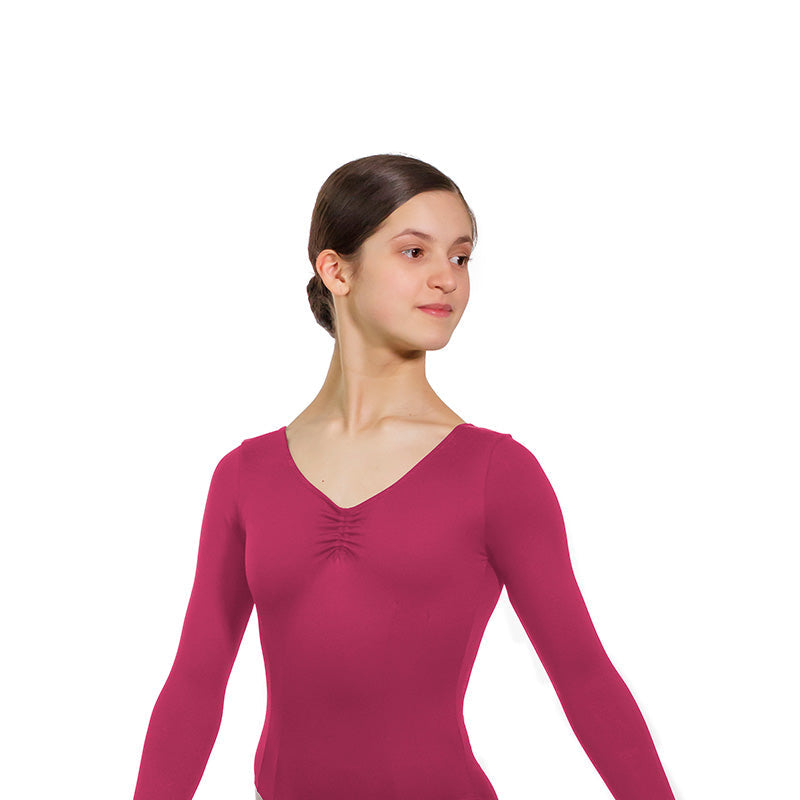 JAE Adjustable Ruche Double Princess Seam Long Sleeve Leotard