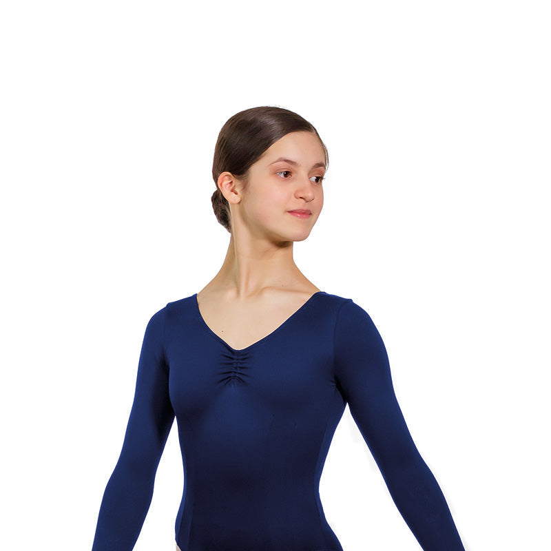 JAE Adjustable Ruche Double Princess Seam Long Sleeve Leotard