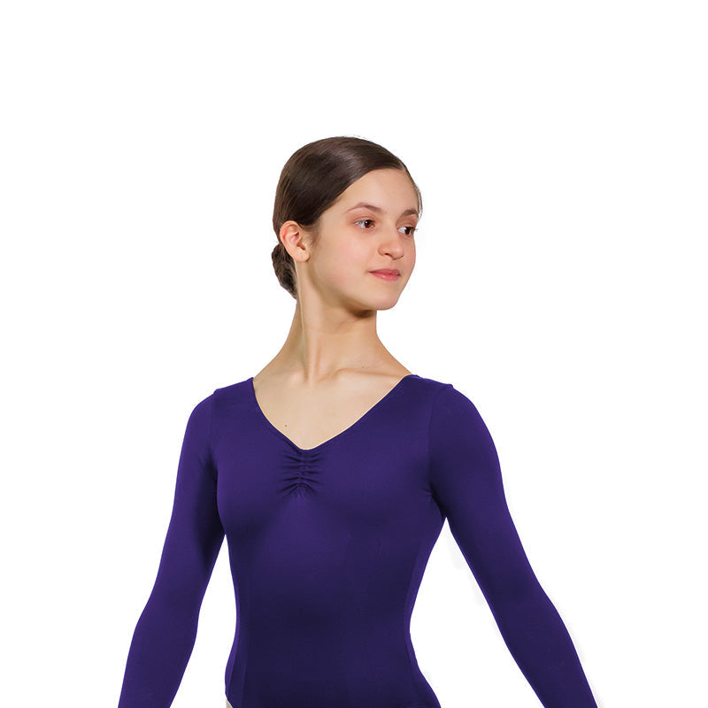 JAE Adjustable Ruche Double Princess Seam Long Sleeve Leotard