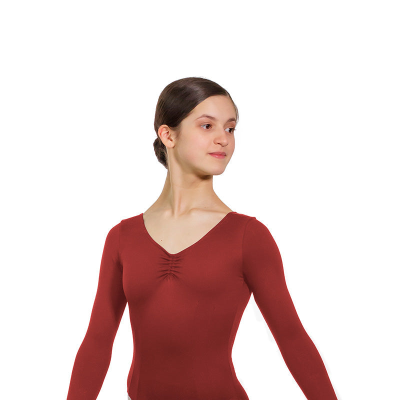 JAE Adjustable Ruche Double Princess Seam Long Sleeve Leotard