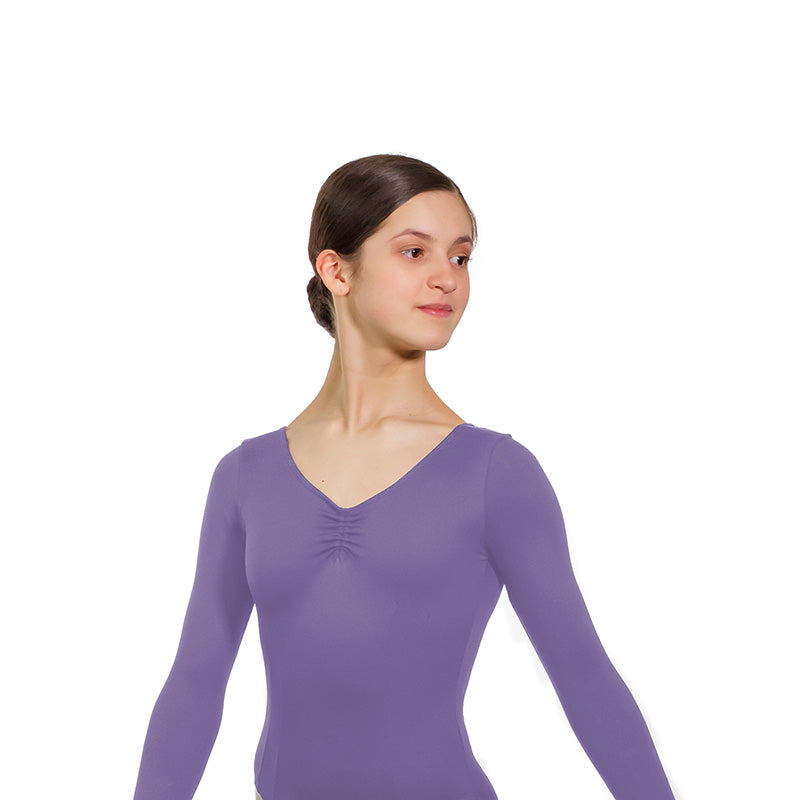 JAE Adjustable Ruche Double Princess Seam Long Sleeve Leotard