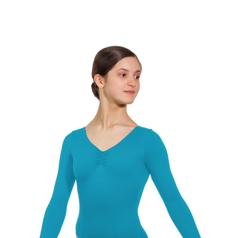 JAE Adjustable Ruche Double Princess Seam Long Sleeve Leotard