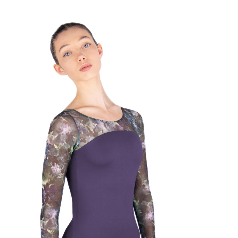 VALENTINA Mesh Long Sleeve Low Back Leotard