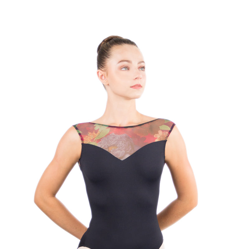 GABRIELLA Mesh Yoke Scoop Back Tank Leotard