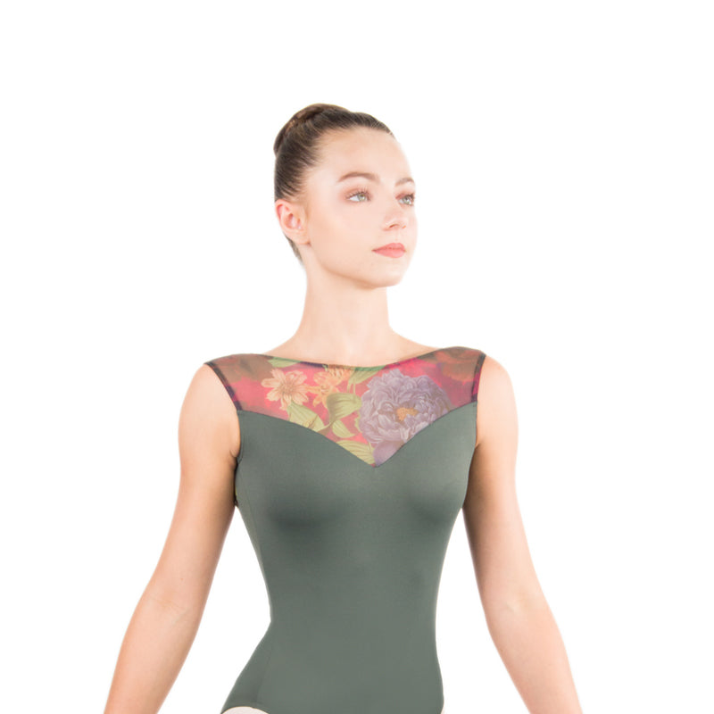 GABRIELLA Mesh Yoke Scoop Back Tank Leotard