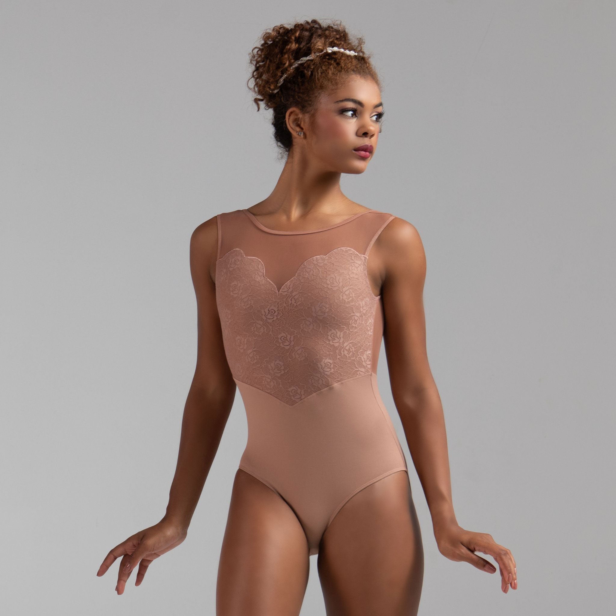 CAPRICE Crewneck Mock Sweetheart Lace Front V-Back Leotard