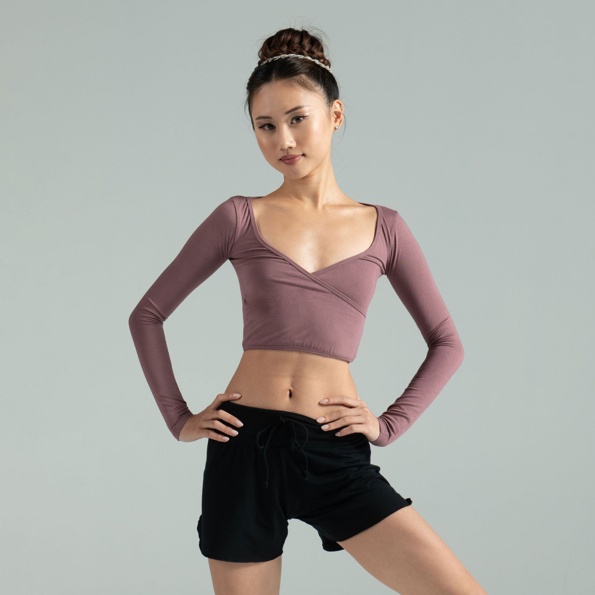 MIO Long Sleeve Cropped Mock Wrap Top