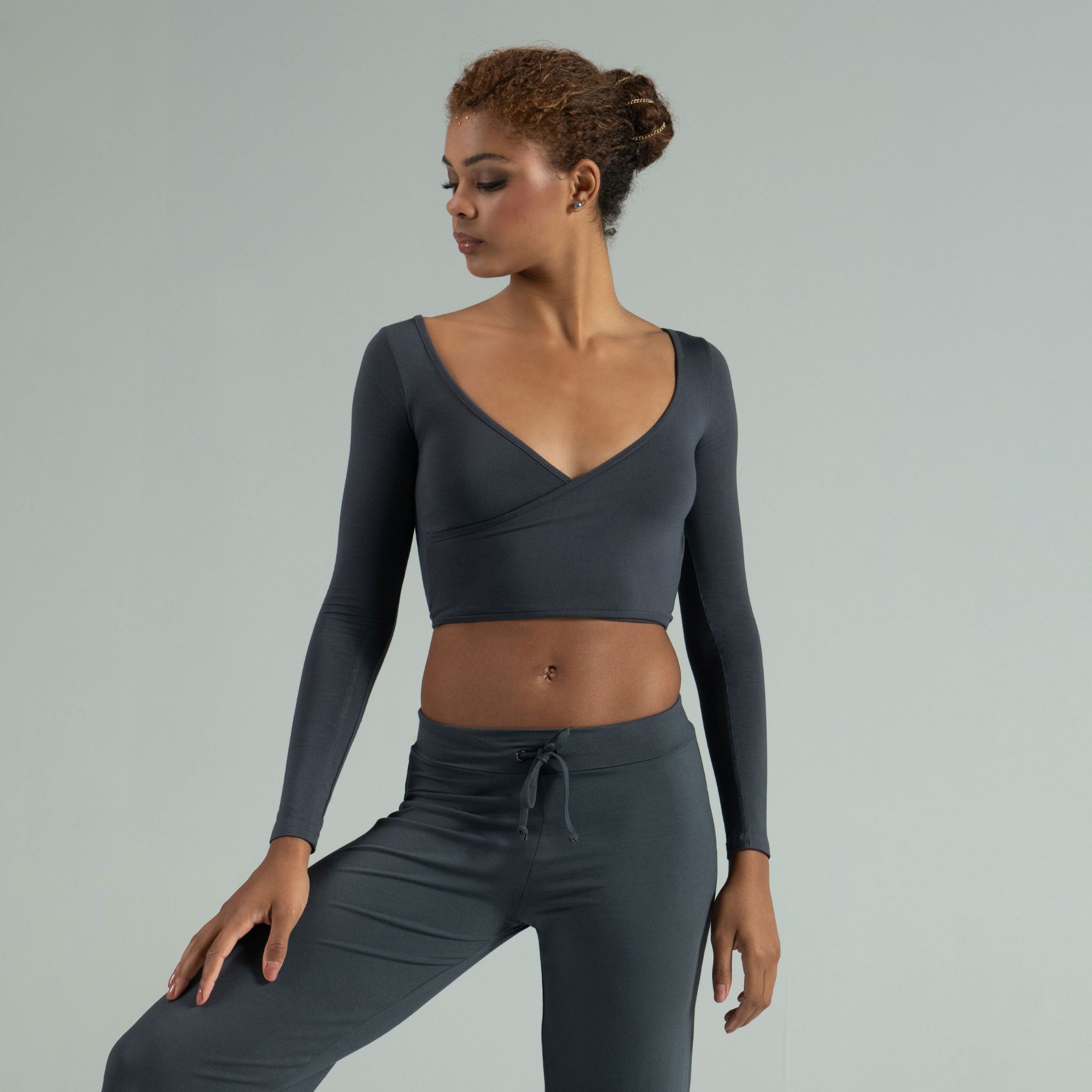 MIO Long Sleeve Cropped Mock Wrap Top