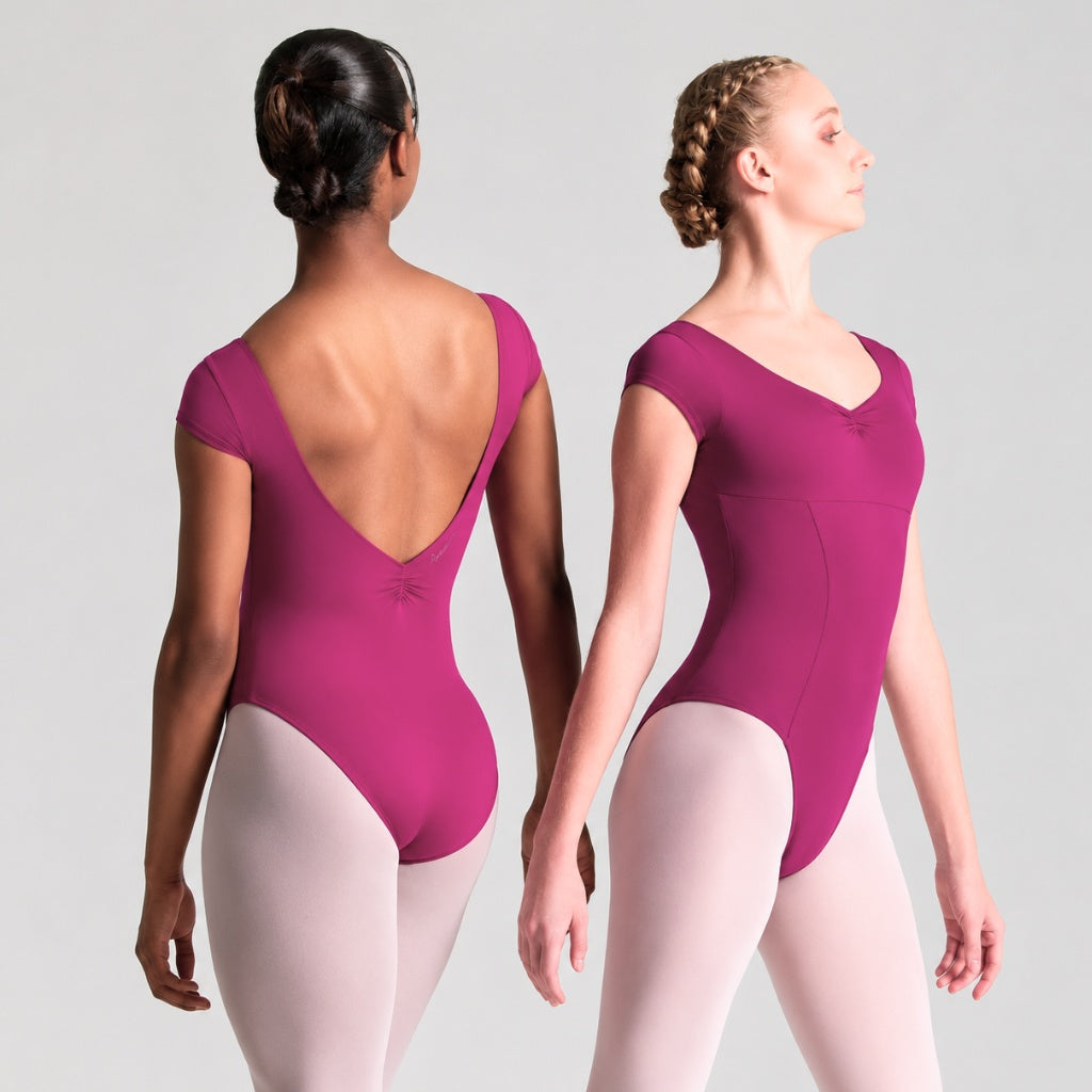 ITZEL Cap Sleeve Pinch Front & Back Princess Seam Leotard