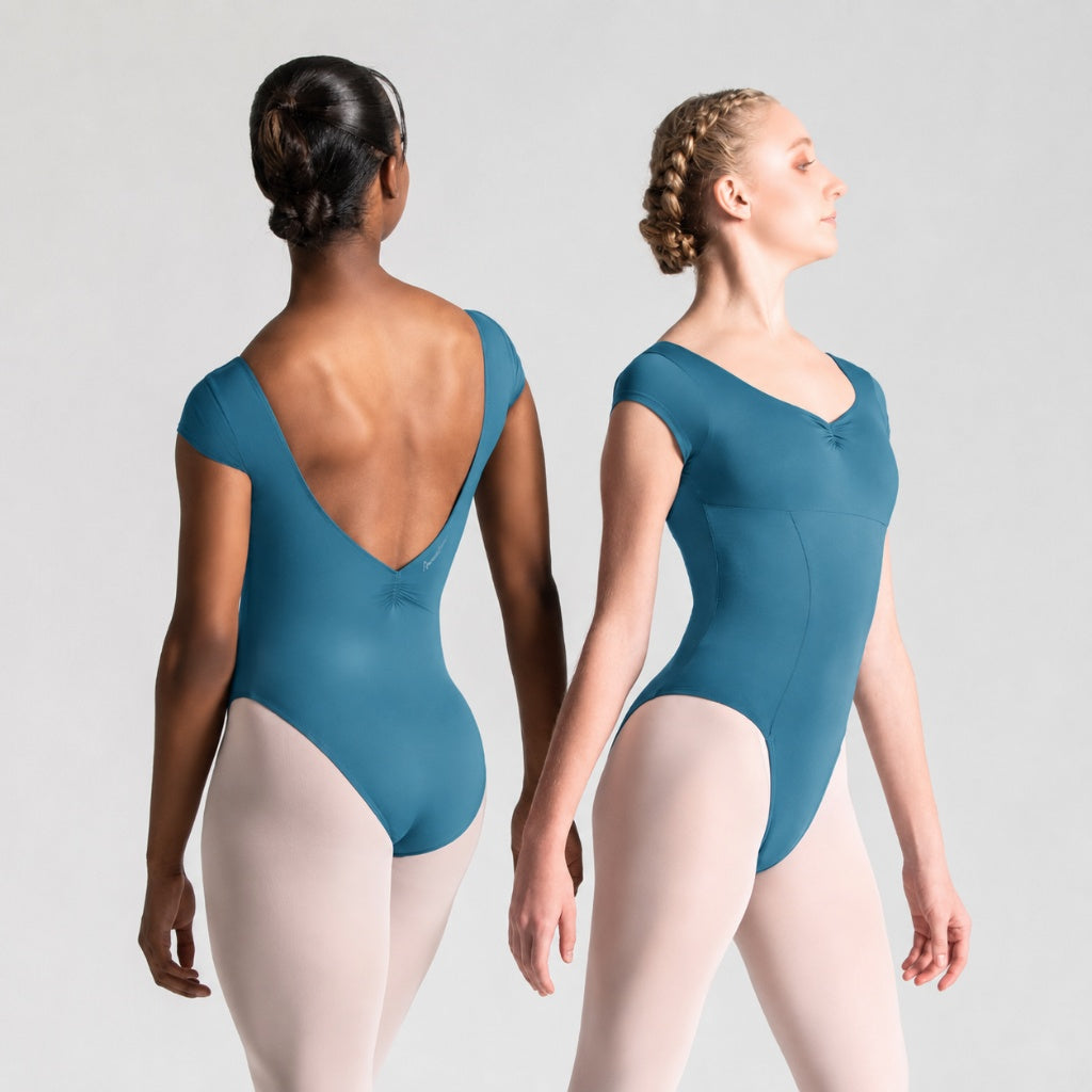 ITZEL Cap Sleeve Pinch Front & Back Princess Seam Leotard