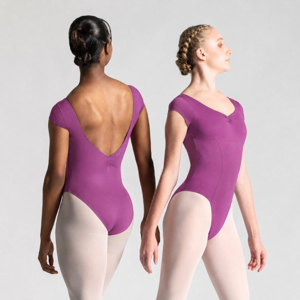 ITZEL Cap Sleeve Pinch Front & Back Princess Seam Leotard